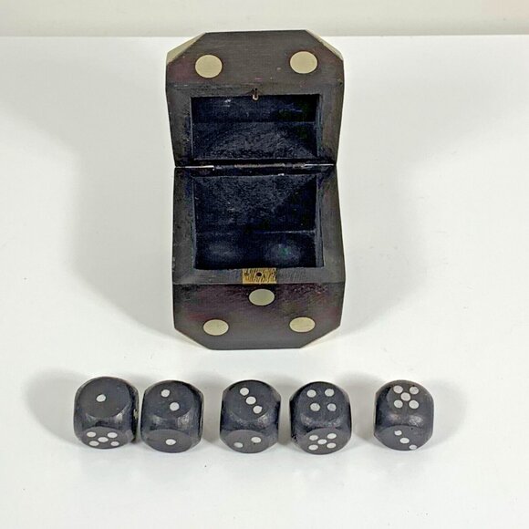 Bella Lux Wooden Dice Box w/ Metal Accents + Five Mini Black Dice Set Vintage - Picture 1 of 10